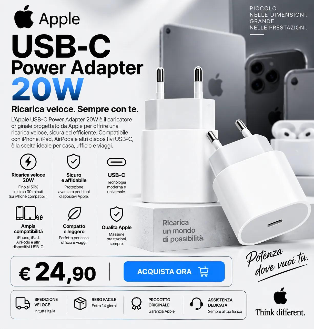 Apple USB-C Power Adapter 20W Originale – Caricatore Rapido per iPhone e iPad