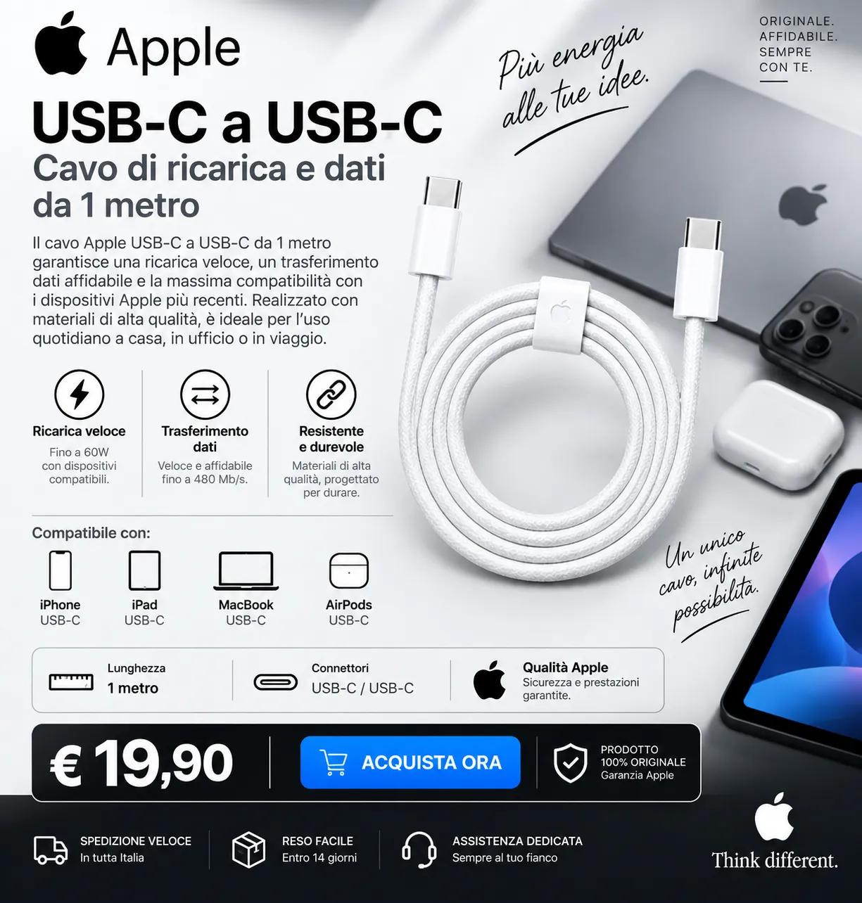 Apple Cavo USB-C a USB-C 1 Metro Originale – Ricarica e Trasferimento Dati 1