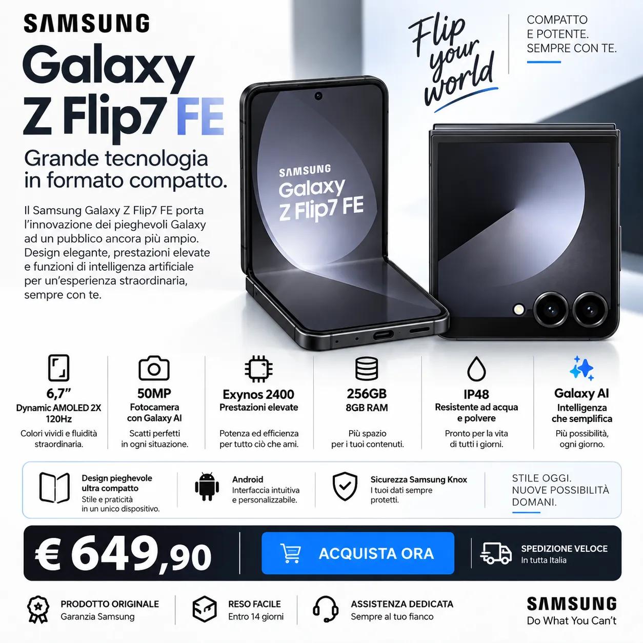 Samsung Galaxy Z Flip7 FE 256GB 5G – Smartphone Pieghevole con Galaxy AI