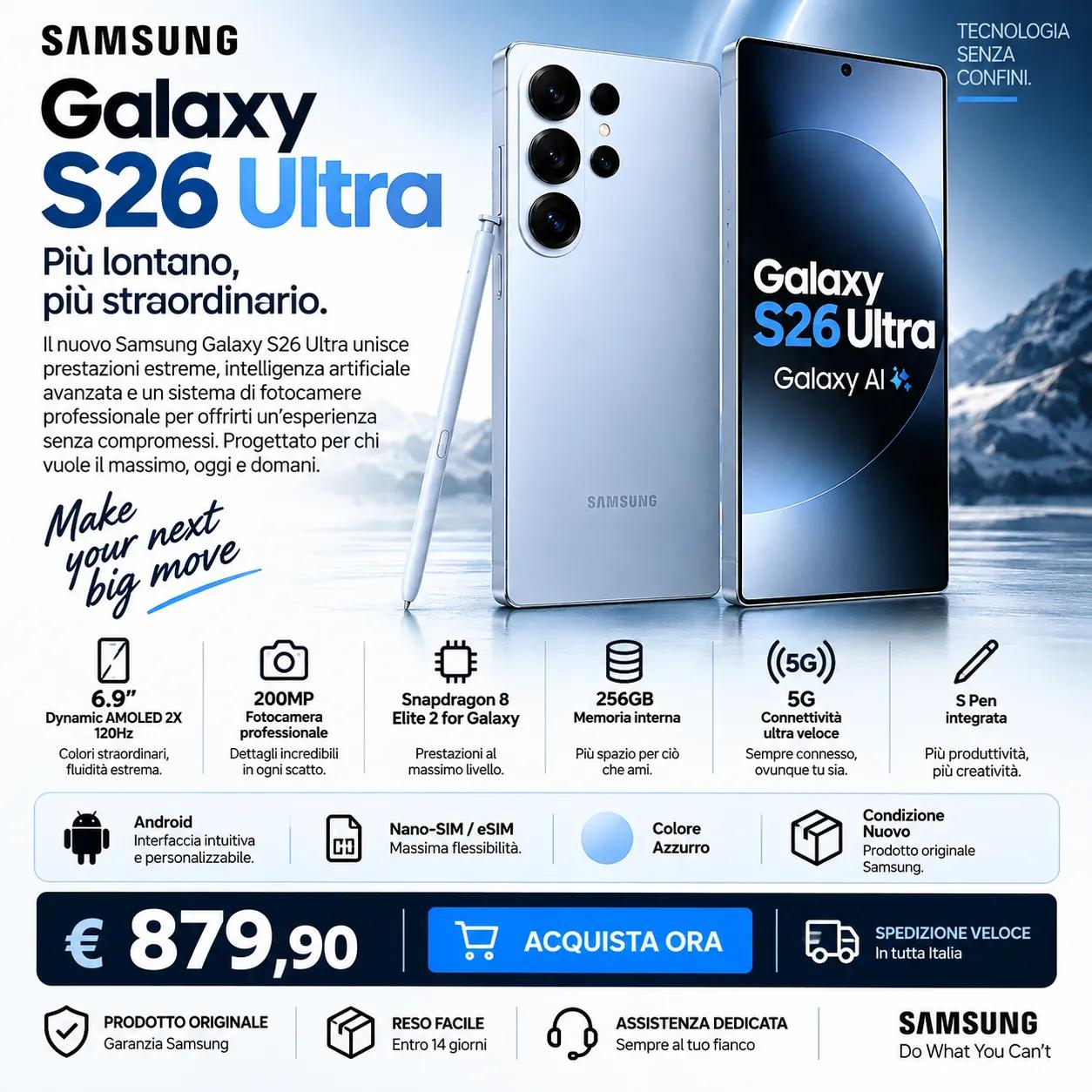 Samsung Galaxy S26 Ultra 256GB 5G – Galaxy AI, 200MP e S Pen