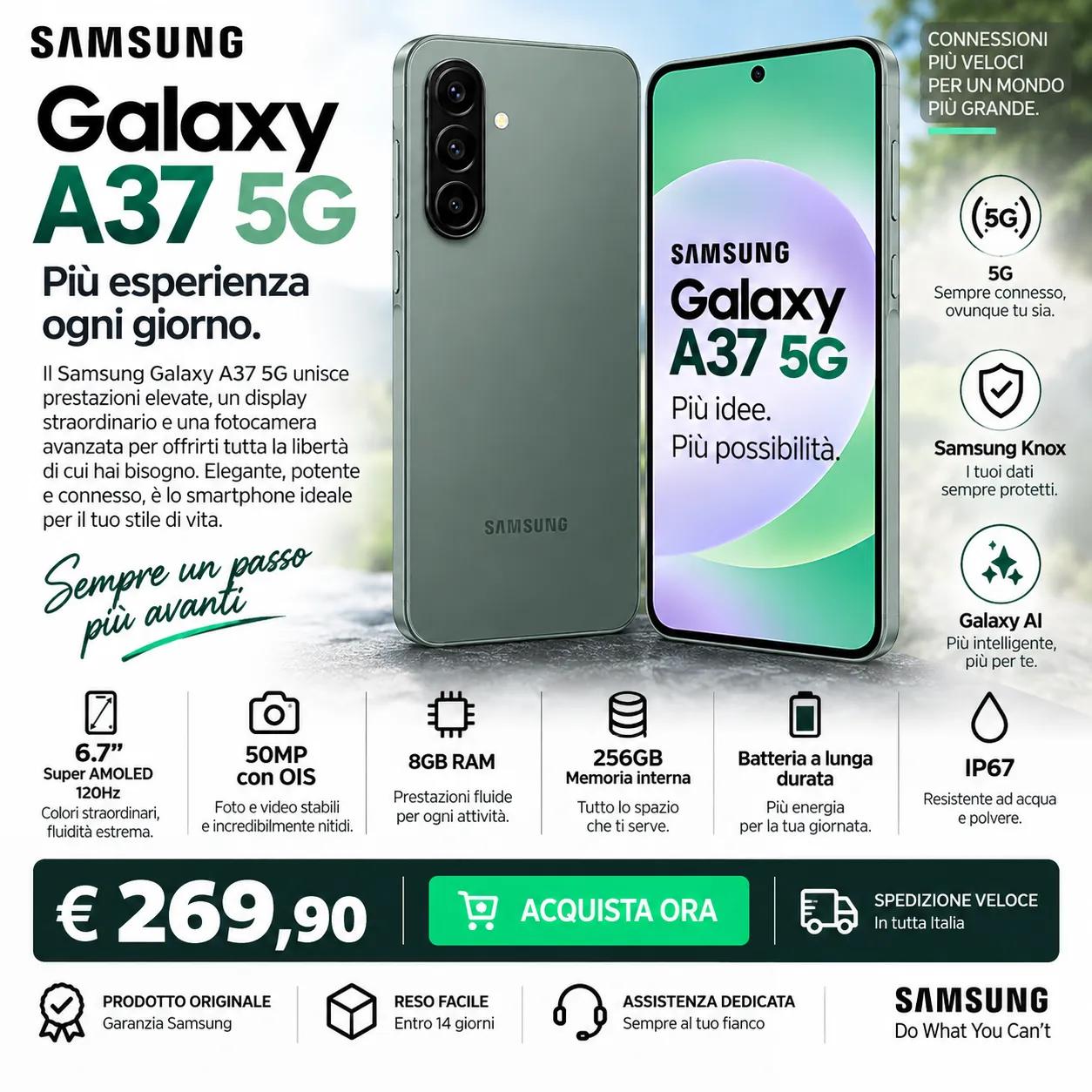 Samsung Galaxy A37 5G 256GB – Smartphone 8GB RAM, Super AMOLED 120Hz e Fotocamera 50MP OIS