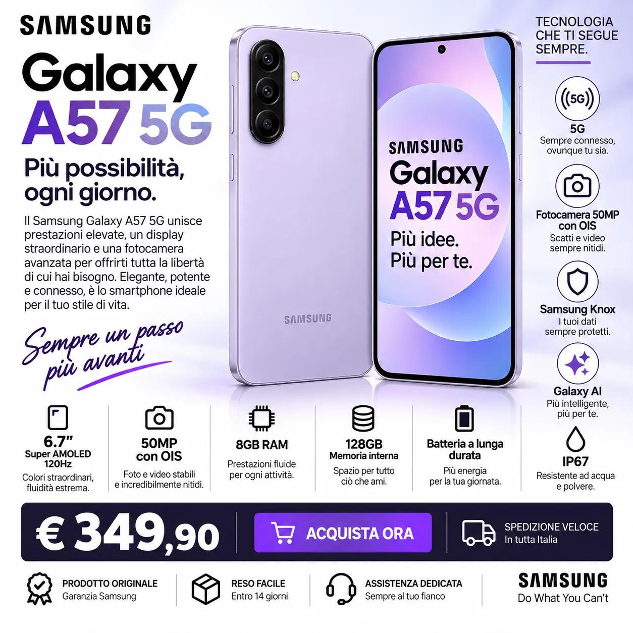 Samsung Galaxy A57 5G 128GB – Smartphone 8GB RAM, Super AMOLED 120Hz e Fotocamera 50MP OIS