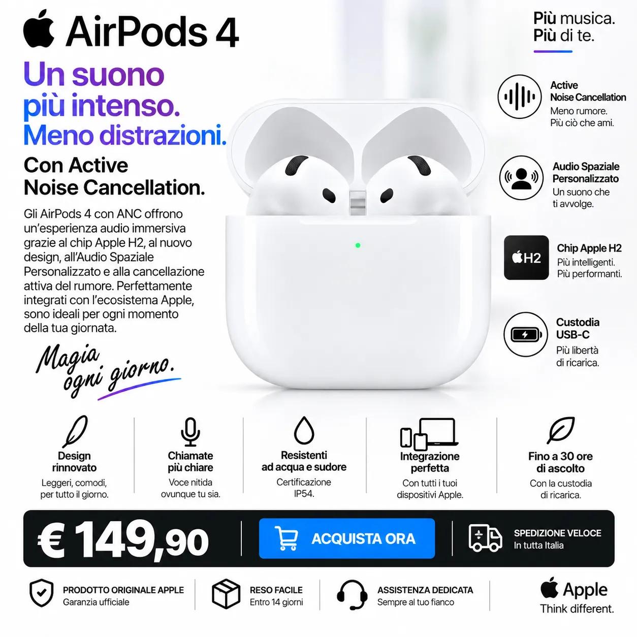 Apple AirPods 4 con Active Noise Cancellation (ANC) – Chip H2, Audio Spaziale e Custodia USB-C 1