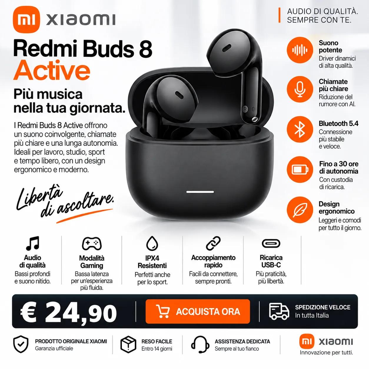 Xiaomi Redmi Buds 8 Active – Auricolari Bluetooth 5.4, USB-C e IPX4 – Black 1