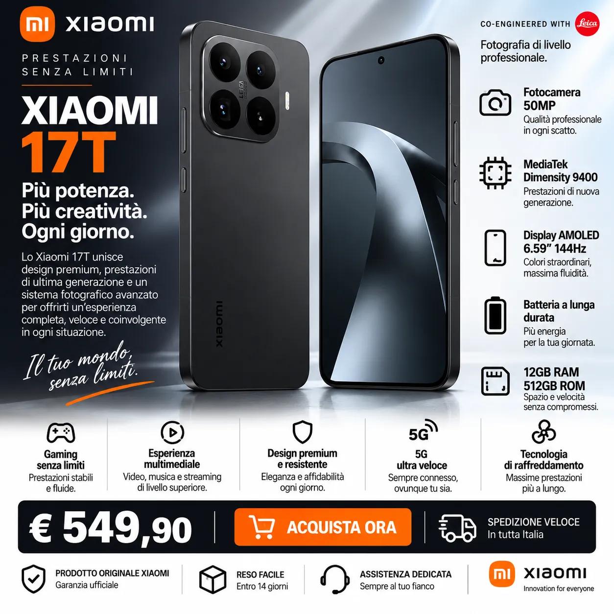 Xiaomi 17T 512GB – Smartphone 5G, Display AMOLED 6.59” 144Hz, MediaTek Dimensity 9400, Fotocamera 50MP 1