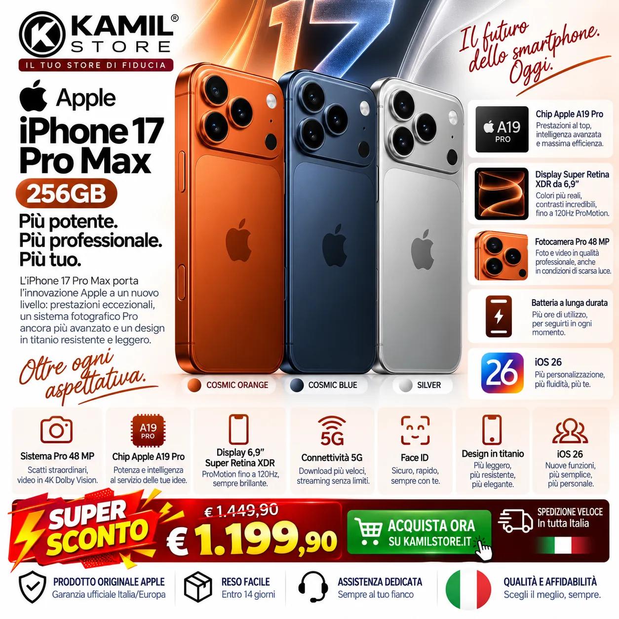 Apple iPhone 17 Pro Max 256GB 5G – Display Super Retina XDR 6,9", Chip A19 Pro, Fotocamera 48MP, Nuovo Versione Italiana/Europea 1