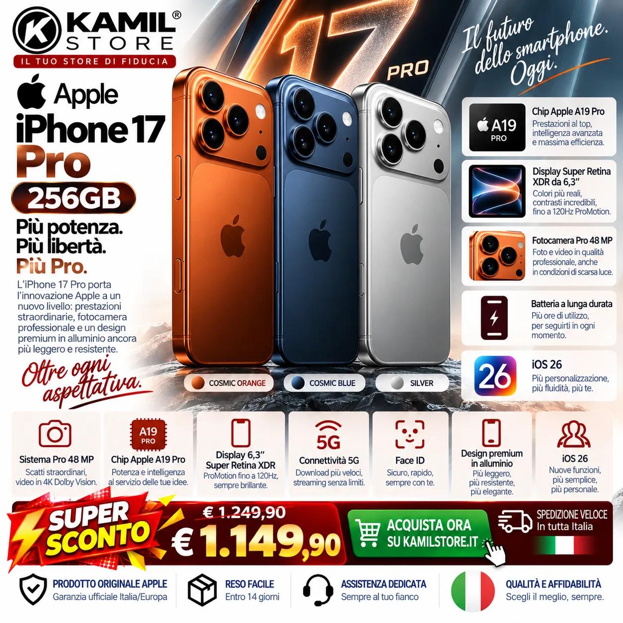 Apple iPhone 17 Pro 256GB – A19 Pro, Display 6,3” 120Hz, Fotocamera 48MP, 5G | Nuovo – Kamil Store
