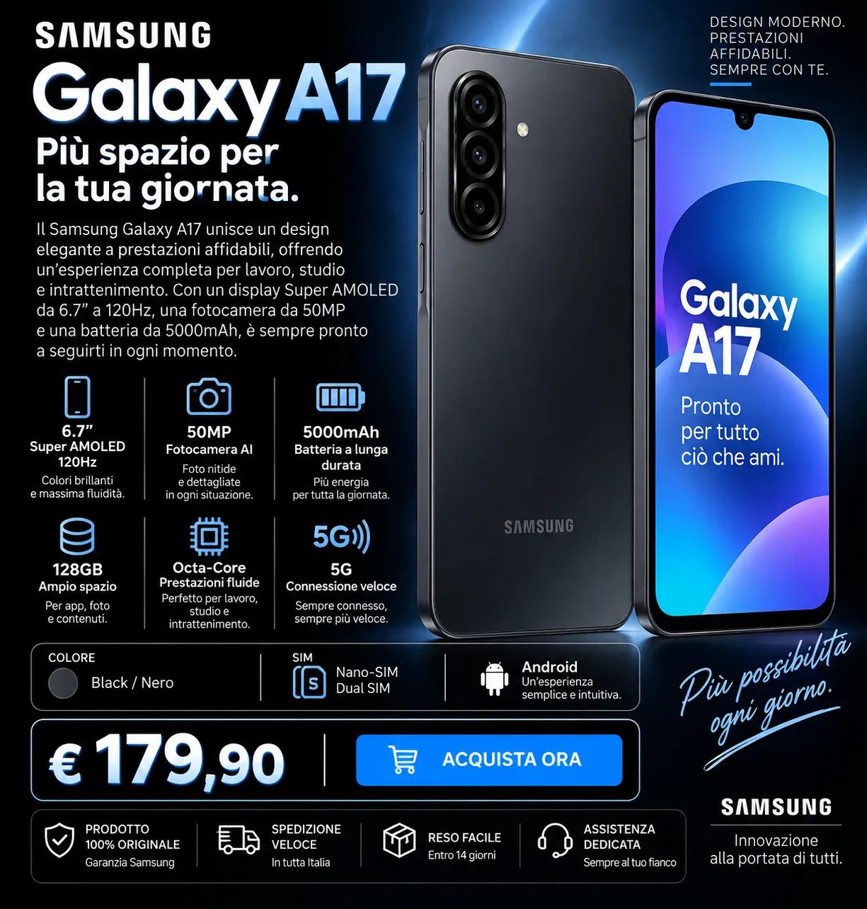 Samsung Galaxy A17 128GB 5G – Super AMOLED 6.7”, Fotocamera 50MP e Batteria 5000mAh