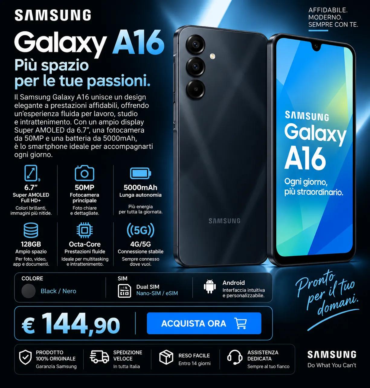 Samsung Galaxy A16 128GB – Display Super AMOLED 6.7”, Fotocamera 50MP e Batteria 5000mAh