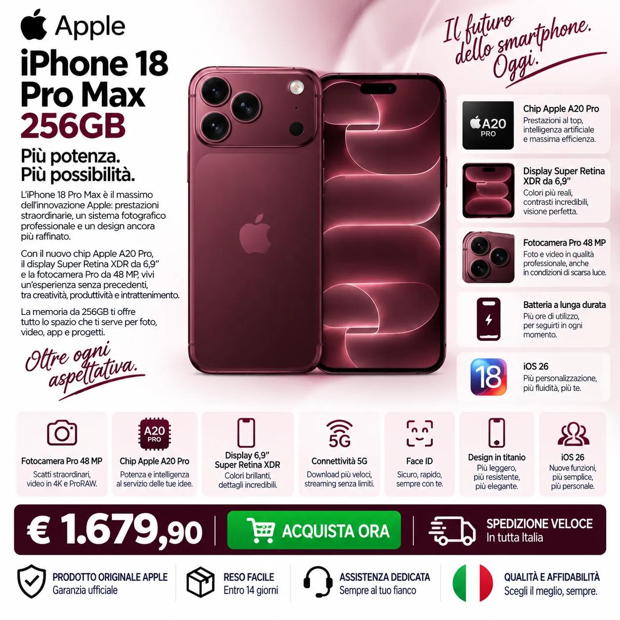 Apple iPhone 18 Pro Max 256GB 5G – Display Super Retina XDR 6,9", Chip A20 Pro, Fotocamera Pro 48MP – Nuovo
